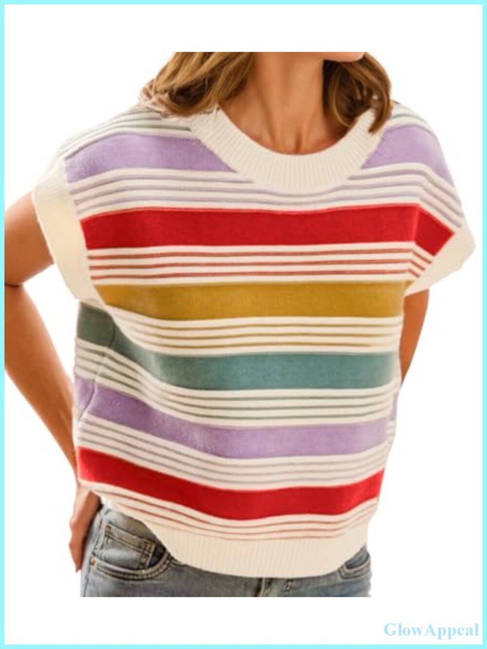 Striped Cap Sleeve Sweater Vest Loose Knit Tank Top Crew Neck